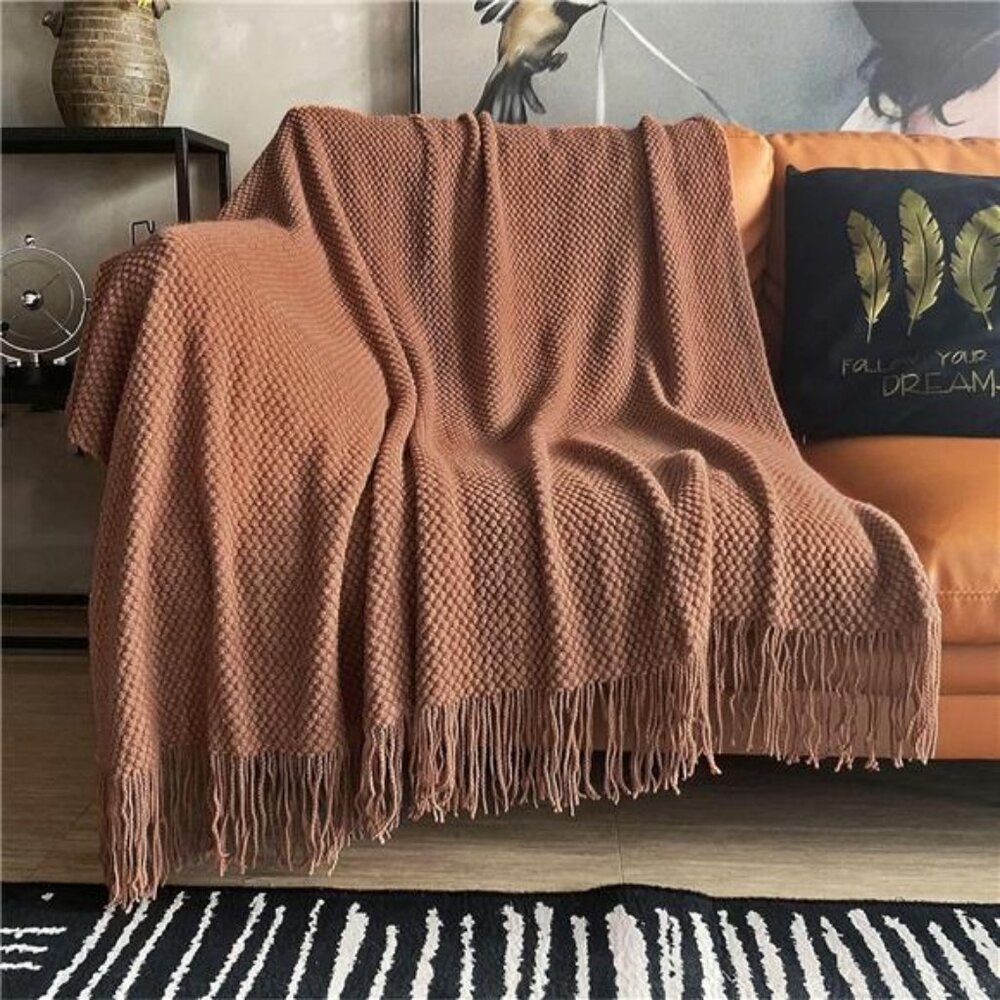 Knitted Throw Blanket with Tassels Bubble Textured Bed Blanket